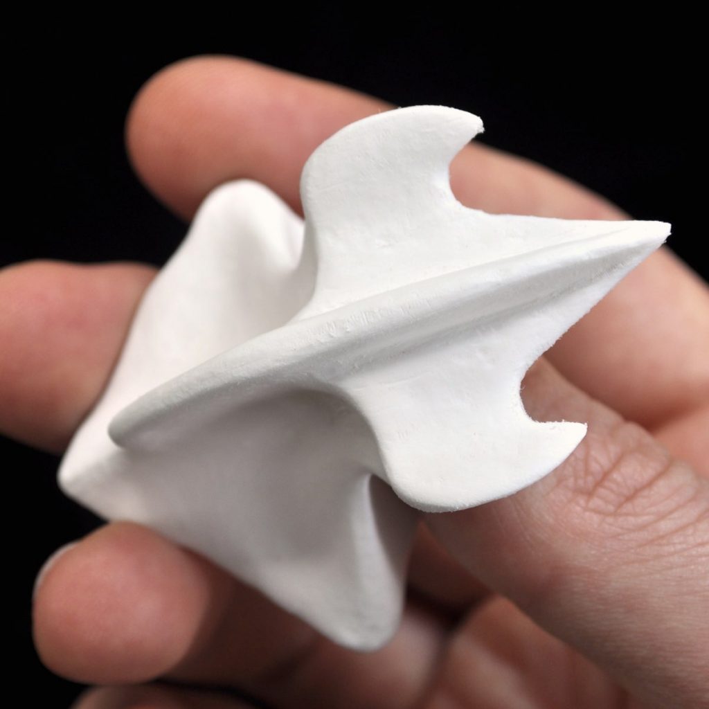Photo of 3D printed dogfish shark denticle (scale) at 100 times life-size scaling held in a hand