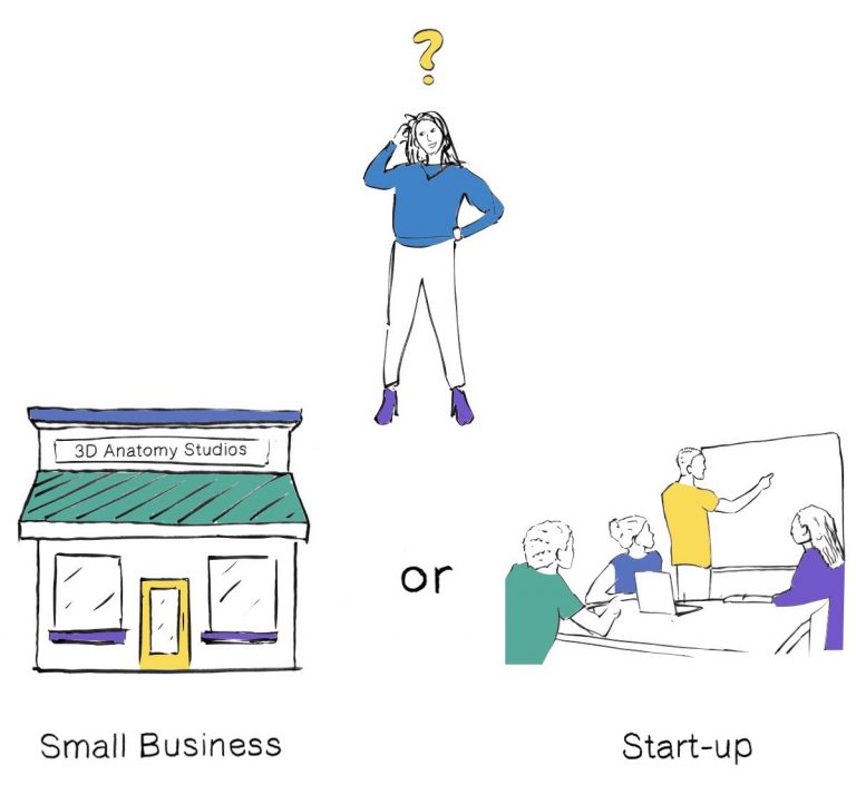 Illustration of a small business, a startup, and a person confused by the difference between them.
