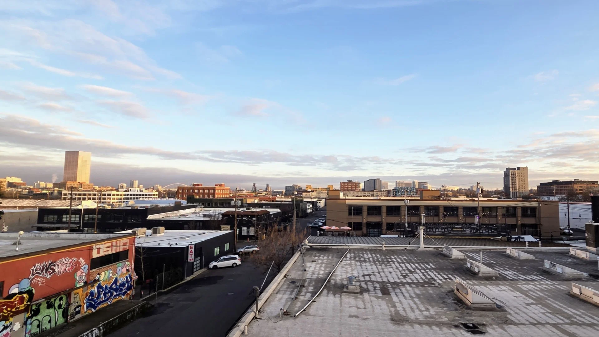 Photo of the Central Eastside neighborhood of Portland Oregon taken from the Hawthorne Bridge